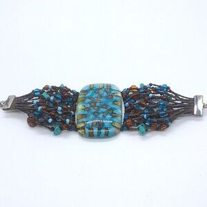Acrylic Beaded Bracelet Blue Brown 6-8"